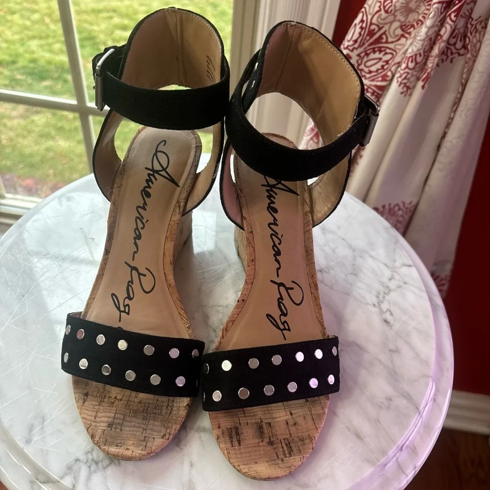 American Rag Black Studded Wedge Sandals Cork Heel Size 8